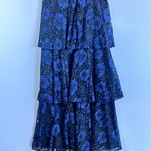 Lulus Dress Womens Medium Blue Black Lace Ruffle Tiered Maxi Formal Party - Picture 12 of 13